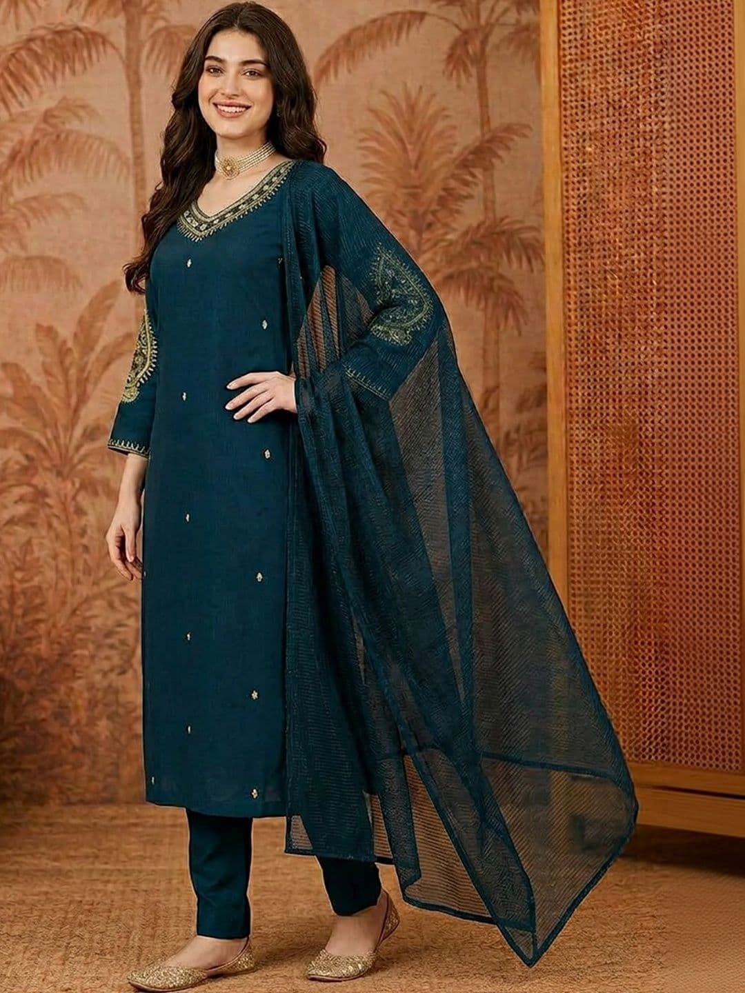 SAINOOR Women Ethnic Motifs Embroidered Regular Patchwork Kurta with Trousers & With Dupatta - view 1