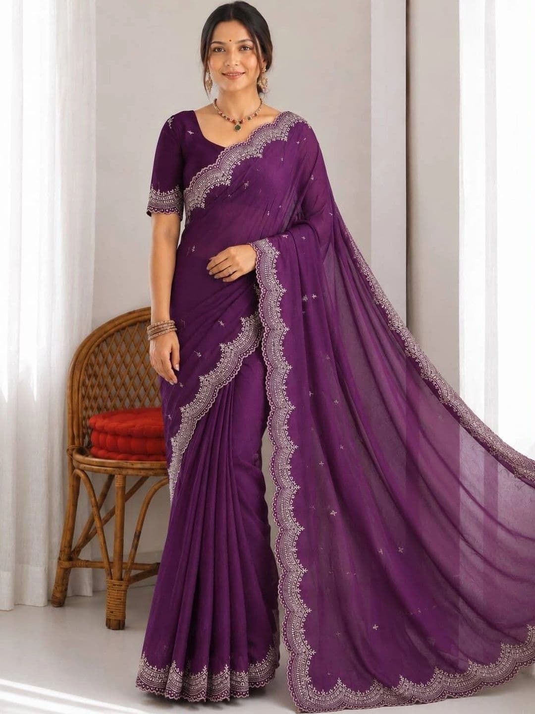 Vastra Drape Ethnic Motifs Embroidered Poly Georgette Saree thumbnail 4