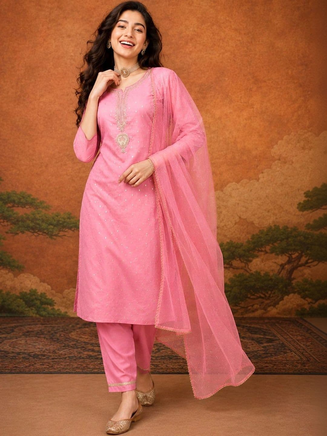 SAINOOR Women Ethnic Motifs Embroidered Regular Thread Work Kurta with Trousers & With Dupatta - view 1