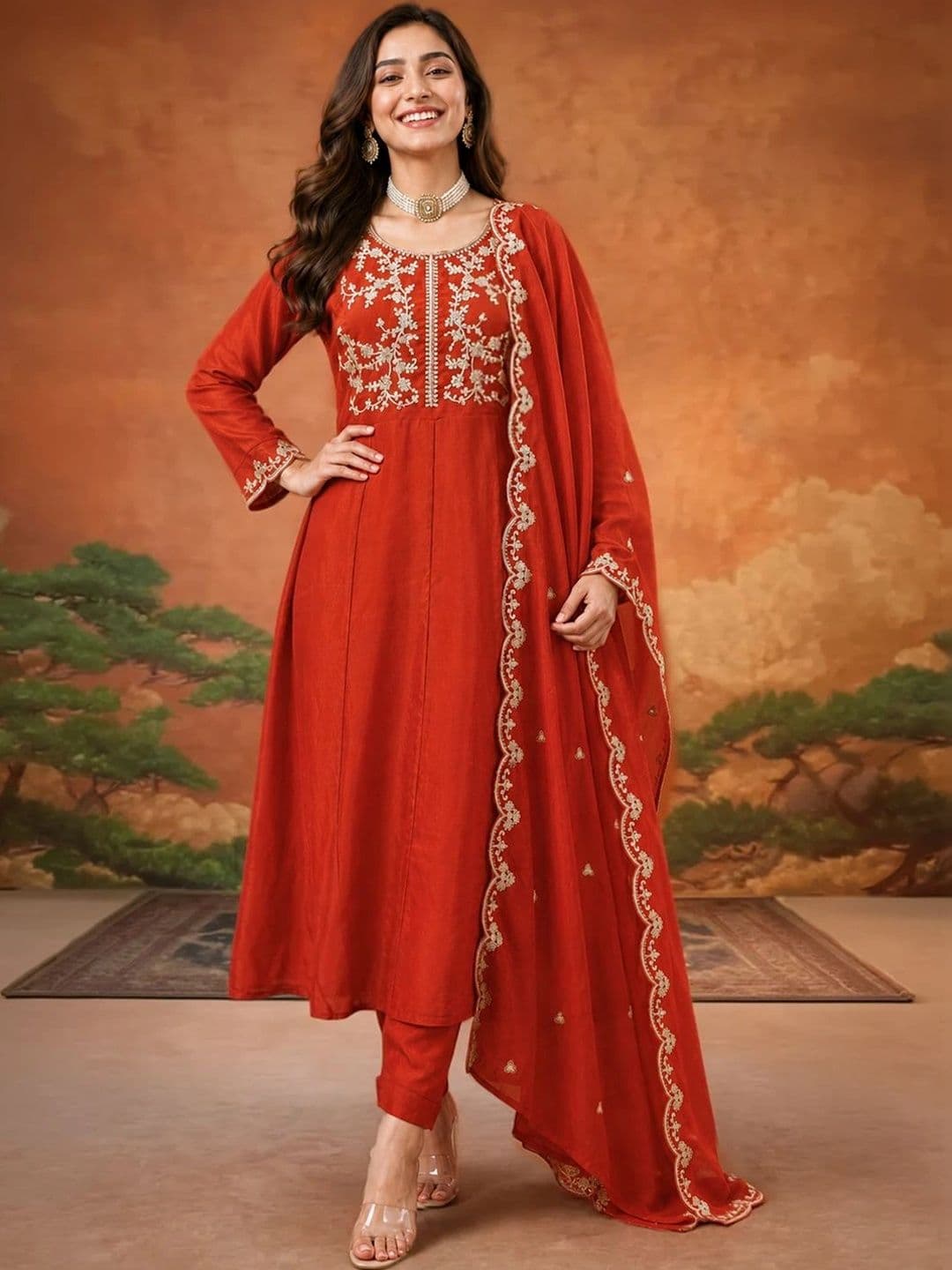 SAINOOR Women Ethnic Motifs Embroidered Empire Thread Work Kurta with Trousers & With Dupatta - view 1