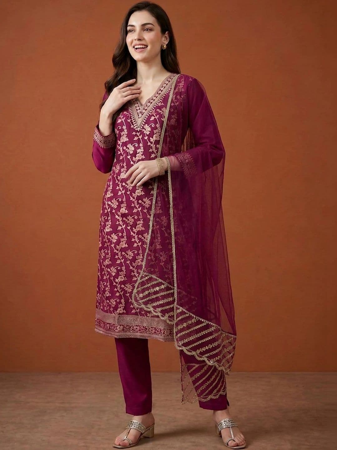 SAINOOR Women Ethnic Motifs Embroidered Regular Kurta with Trousers & With Dupatta thumbnail 2