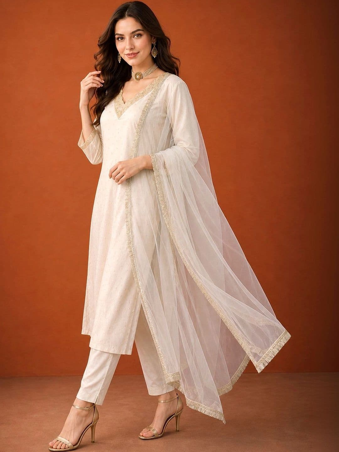 SAINOOR Women Ethnic Motifs Printed Regular Thread Work Kurta with Trousers & With Dupatta thumbnail 5