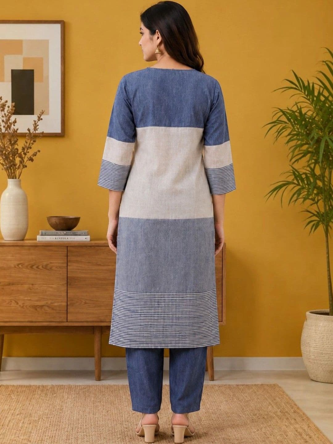 EELIKA Women Striped Regular Pure Cotton Kurta with Trousers thumbnail 6