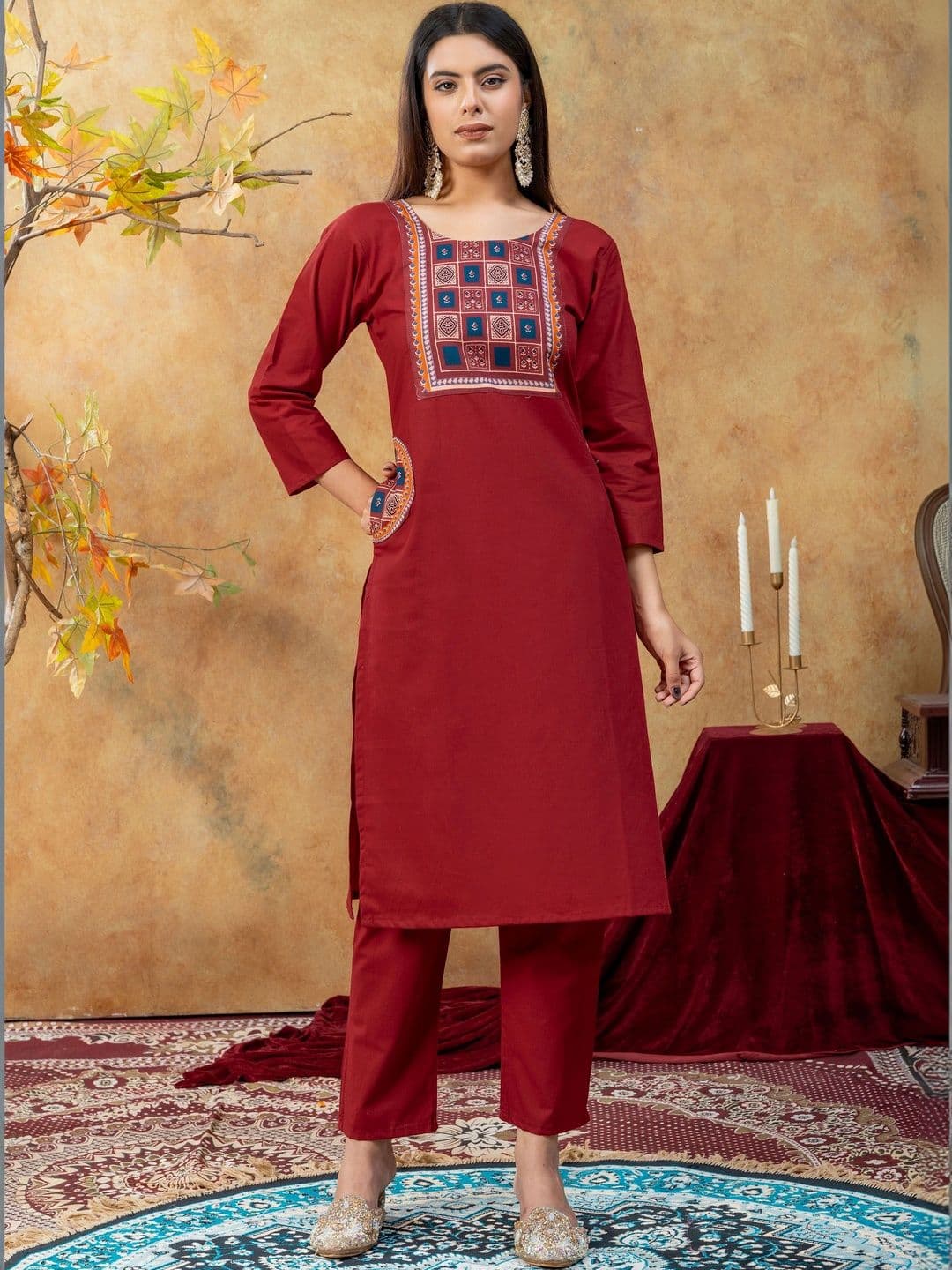 SAINOOR Women Ethnic Motifs Embroidered Regular Thread Work Pure Cotton Kurta with Trousers & With Dupatta thumbnail 3