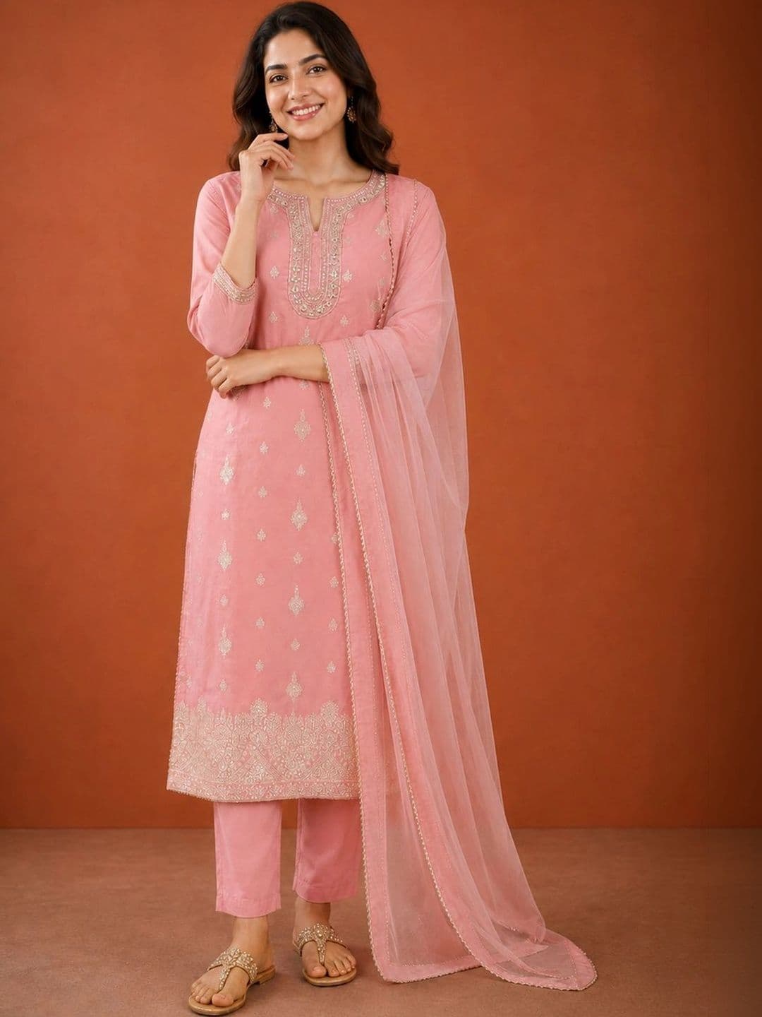 SAINOOR Women Ethnic Motifs Embroidered Regular Thread Work Kurta with Trousers & With Dupatta thumbnail 4
