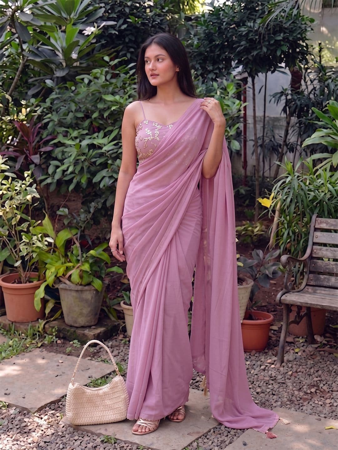 Shreevally Floral Embroidered Poly Georgette Designer Saree - view 1