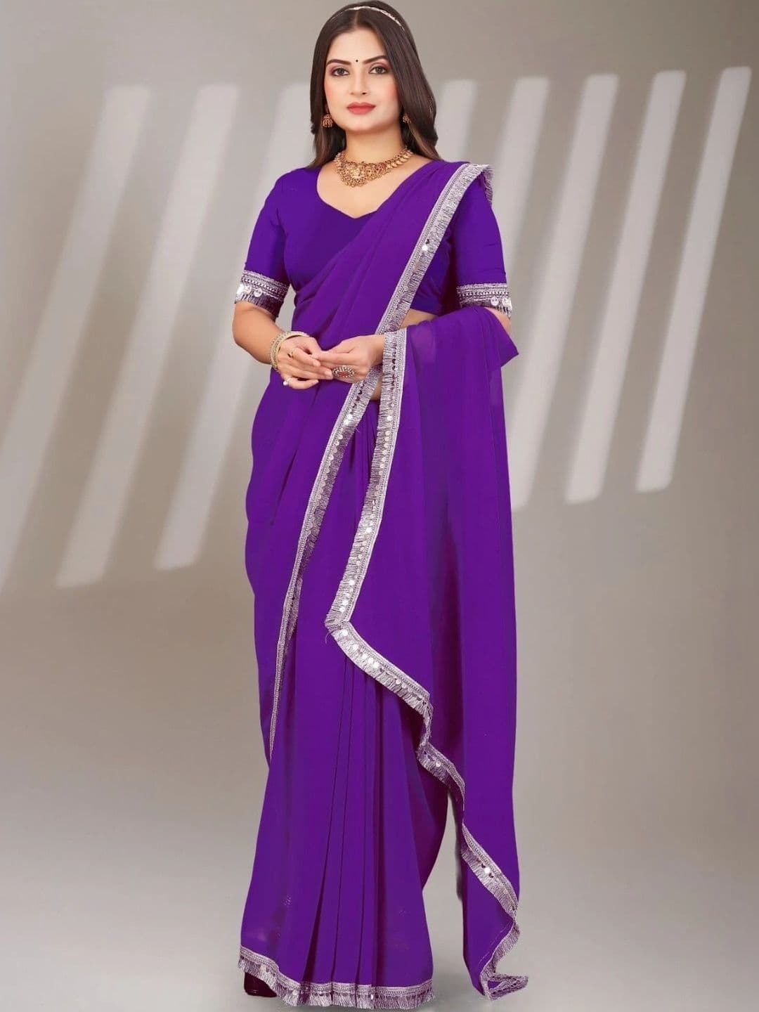 PRANU TRENDS Mirror Work Poly Chiffon Saree - view 1