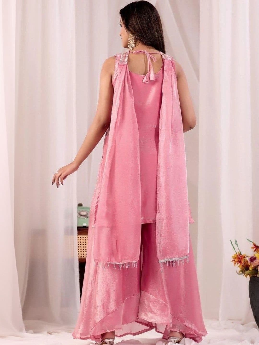 Bouncer Berry Women Ethnic Motifs Embroidered Regular Sequinned Pure Silk Kurta with Sharara & With Dupatta thumbnail 3