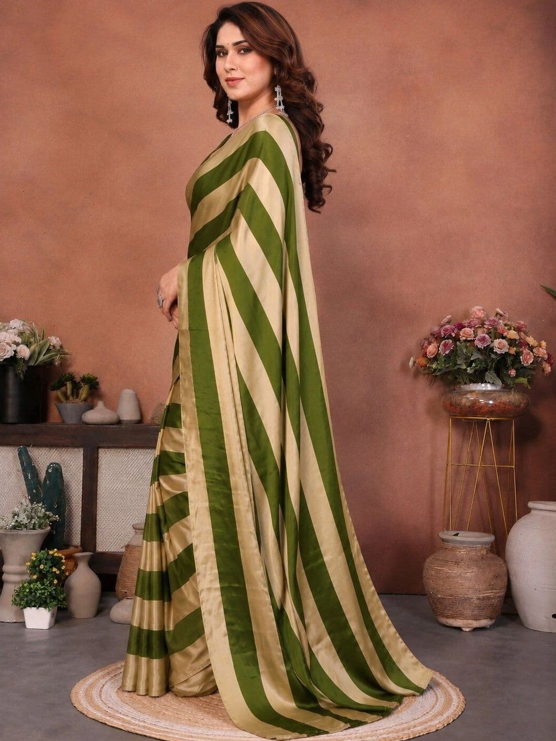 Zenofab Striped Zari Satin Leheriya Saree thumbnail 3