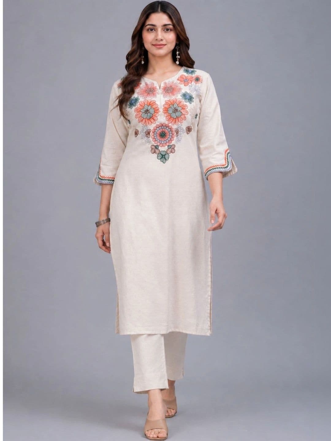 Amayra Women Ethnic Motifs Embroidered Regular Thread Work Pure Cotton Kurta with Trousers thumbnail 3