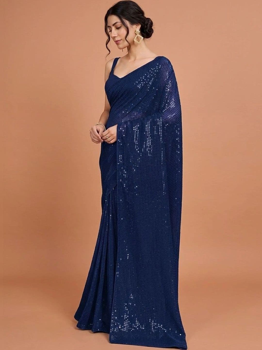 SZN Embellished Sequinned Poly Georgette Designer Saree thumbnail 5