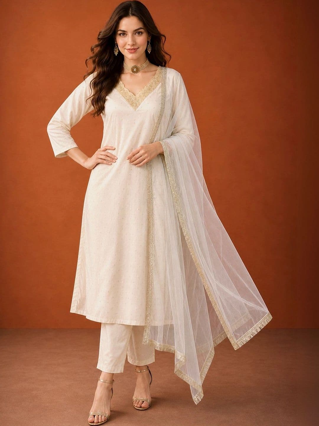 SAINOOR Women Ethnic Motifs Printed Regular Thread Work Kurta with Trousers & With Dupatta - view 1