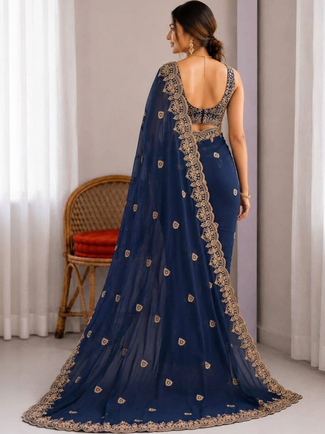 Vastra Drape Embellished Embroidered Poly Georgette Saree thumbnail 2