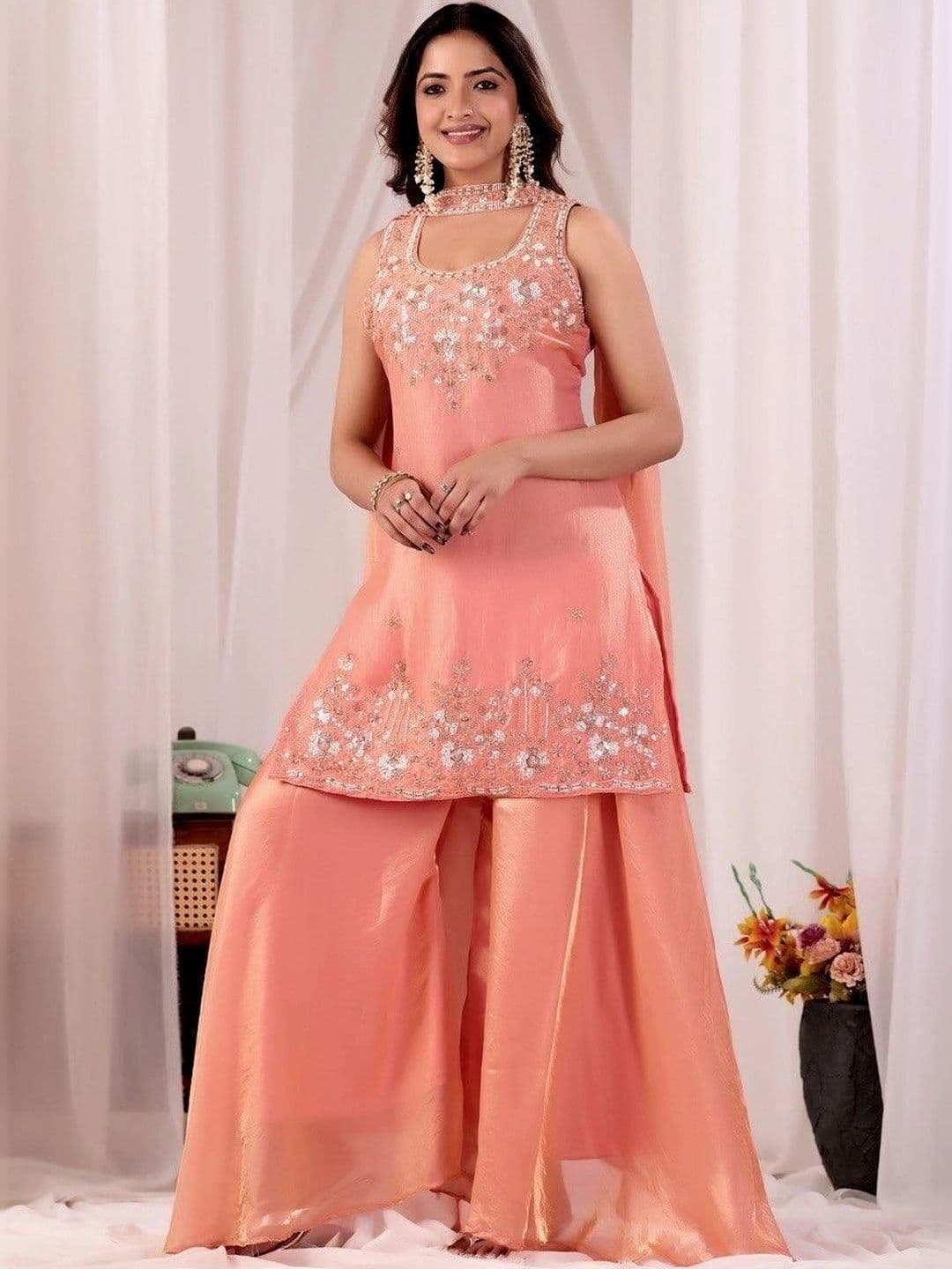 Bouncer Berry Women Ethnic Motifs Embroidered Regular Sequinned Pure Silk Kurta with Sharara & With Dupatta - view 1