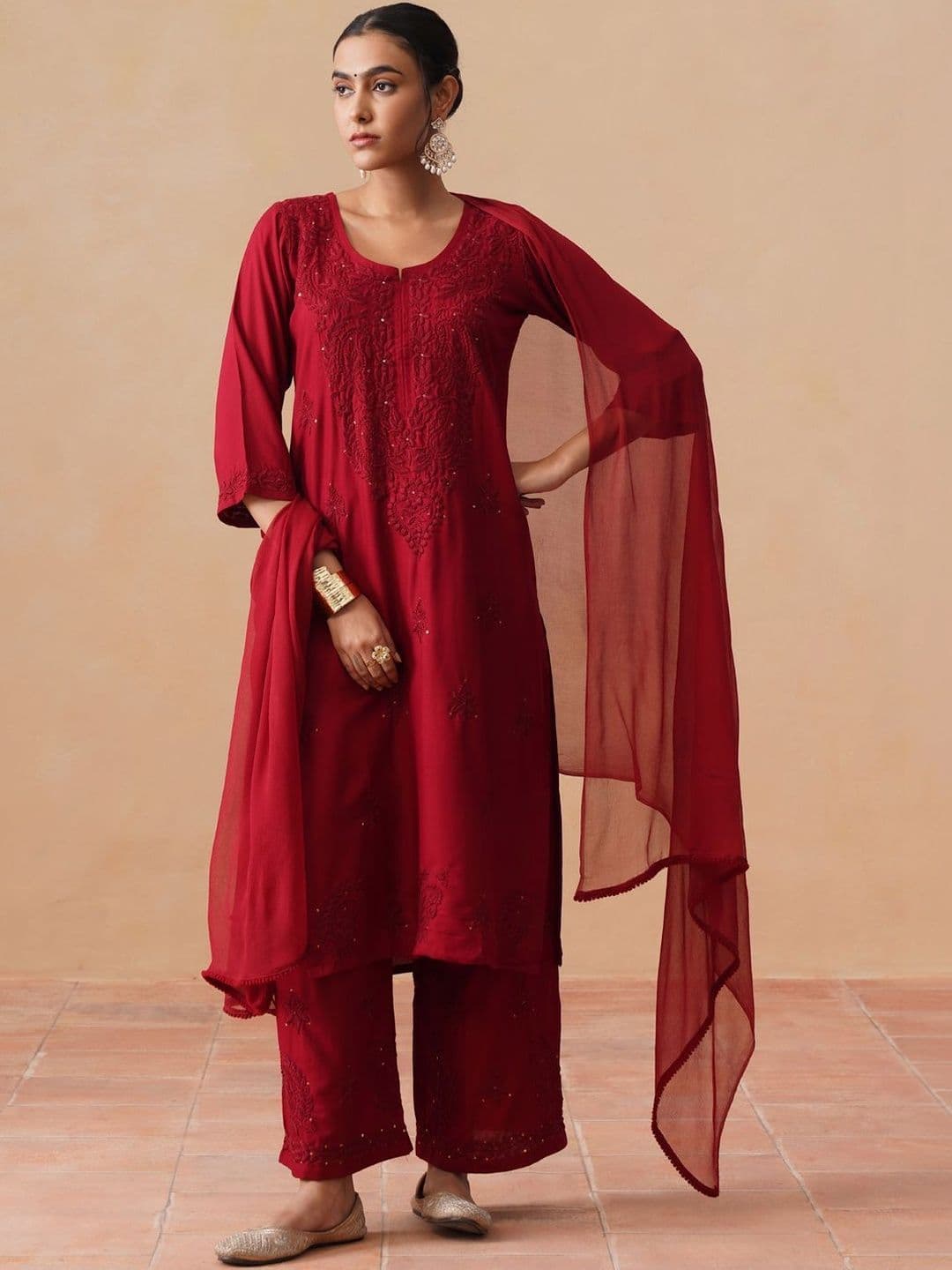 SAZRIKA Ethnic Motifs Embroidered Regular Thread Work Kurta with Palazzos & With Dupatta thumbnail 5