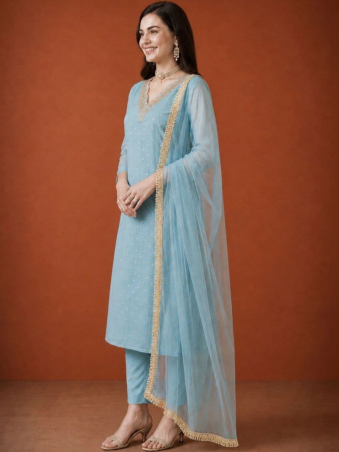 SAINOOR Women Ethnic Motifs Embroidered Regular Thread Work Kurta with Trousers & With Dupatta thumbnail 6