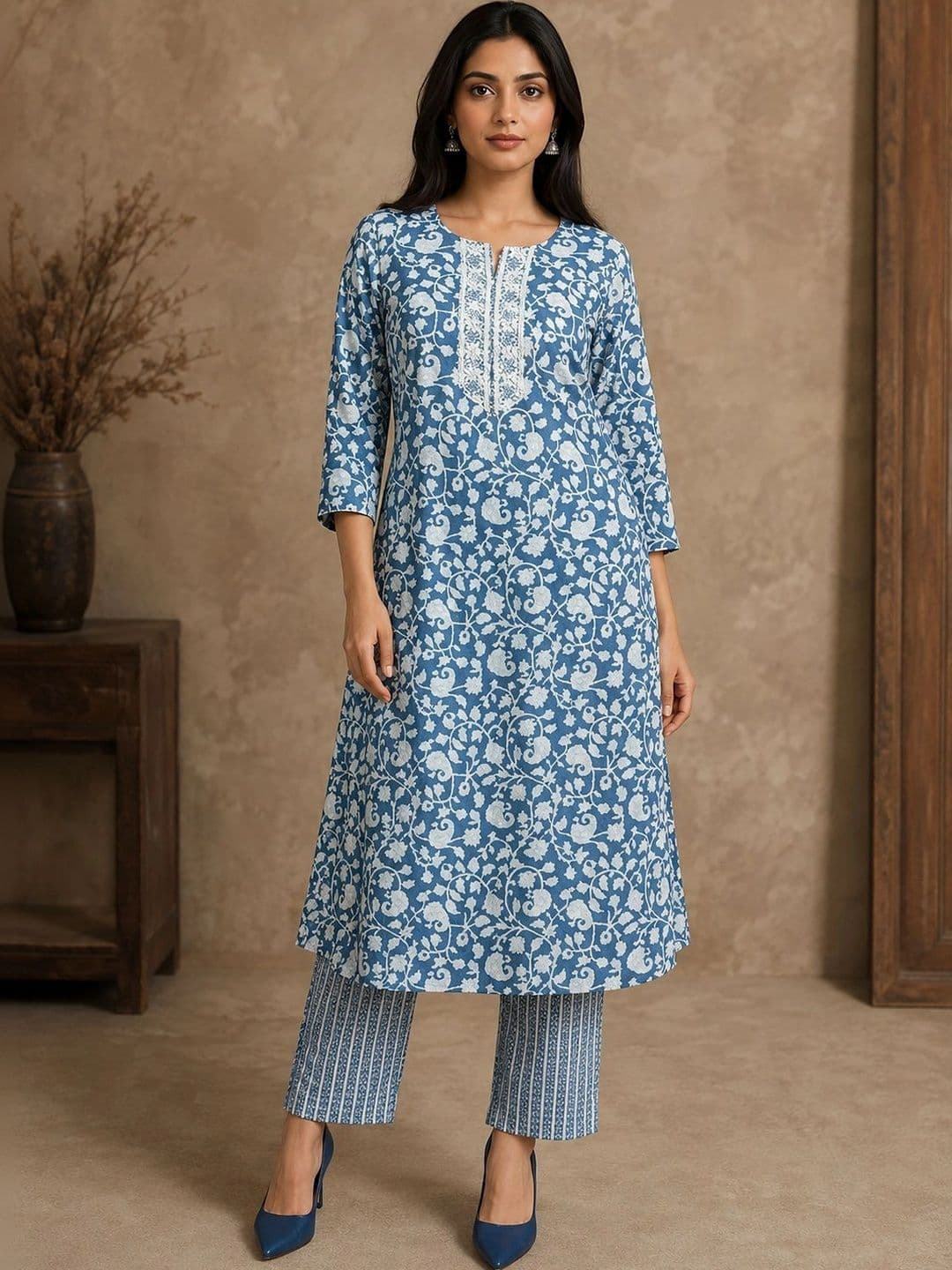 Bunai Women Floral Printed Regular Thread Work Kurta with Trousers - view 1