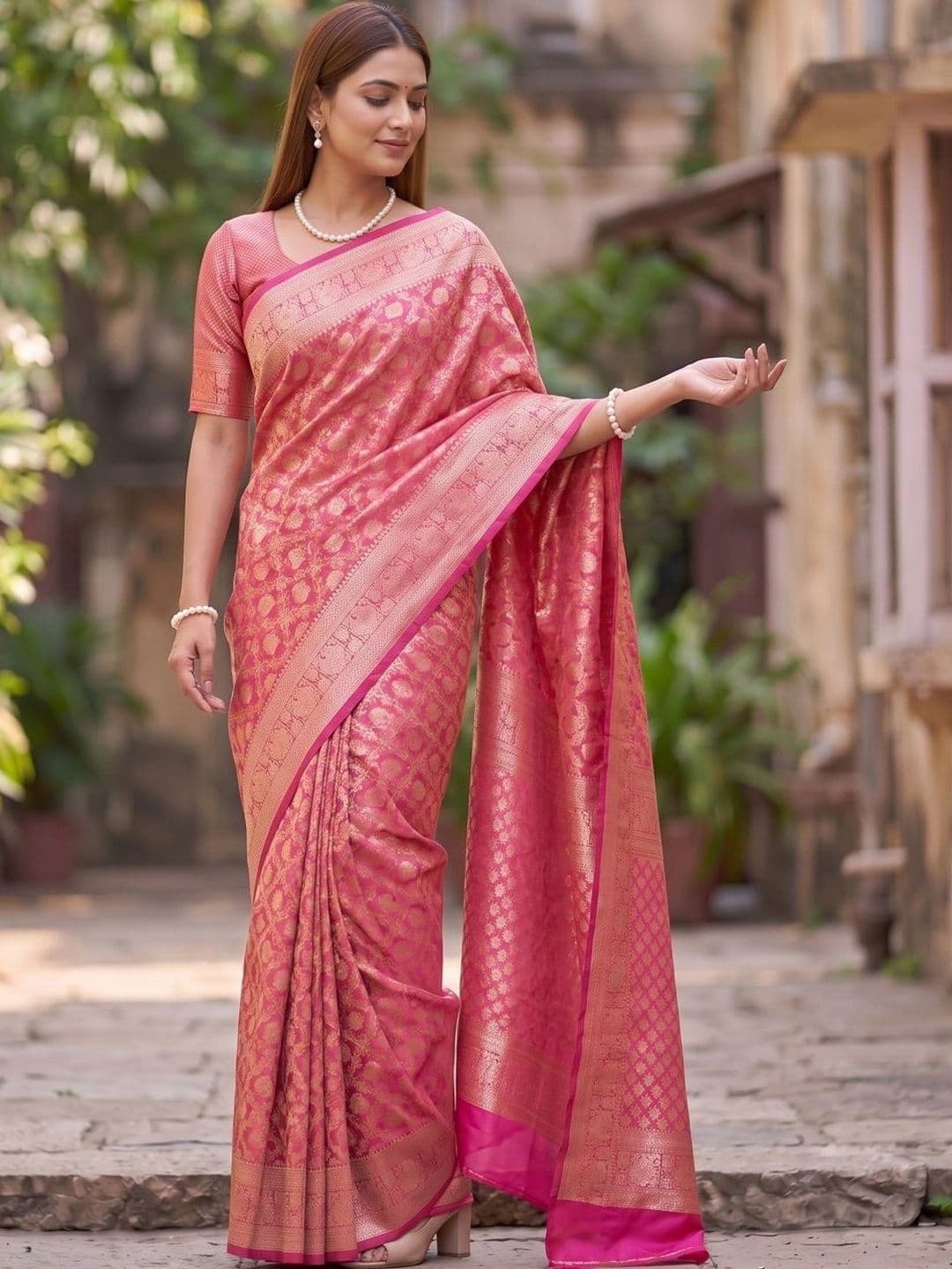 SOURAGYA Paisley Zari Silk Blend Banarasi Saree thumbnail 4