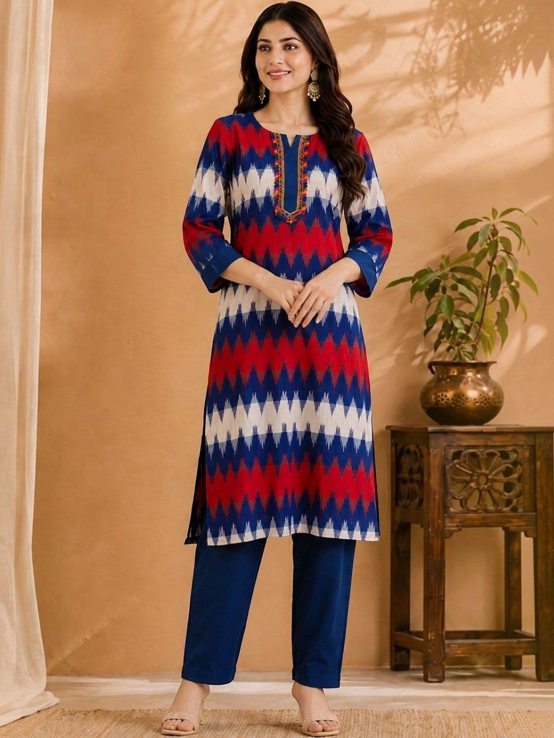 EELIKA Women Printed Regular Thread Work Pure Cotton Kurta with Trousers - view 1