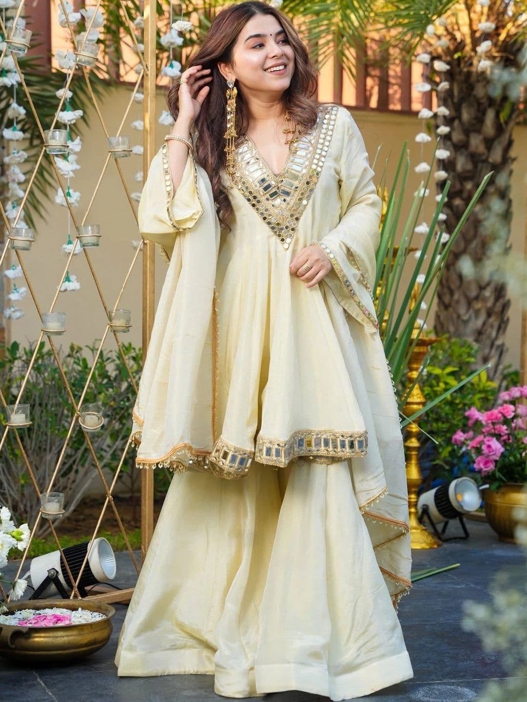Mitera Women Empire Mirror Work Silk Chiffon Kurta with Sharara & With Dupatta - view 1