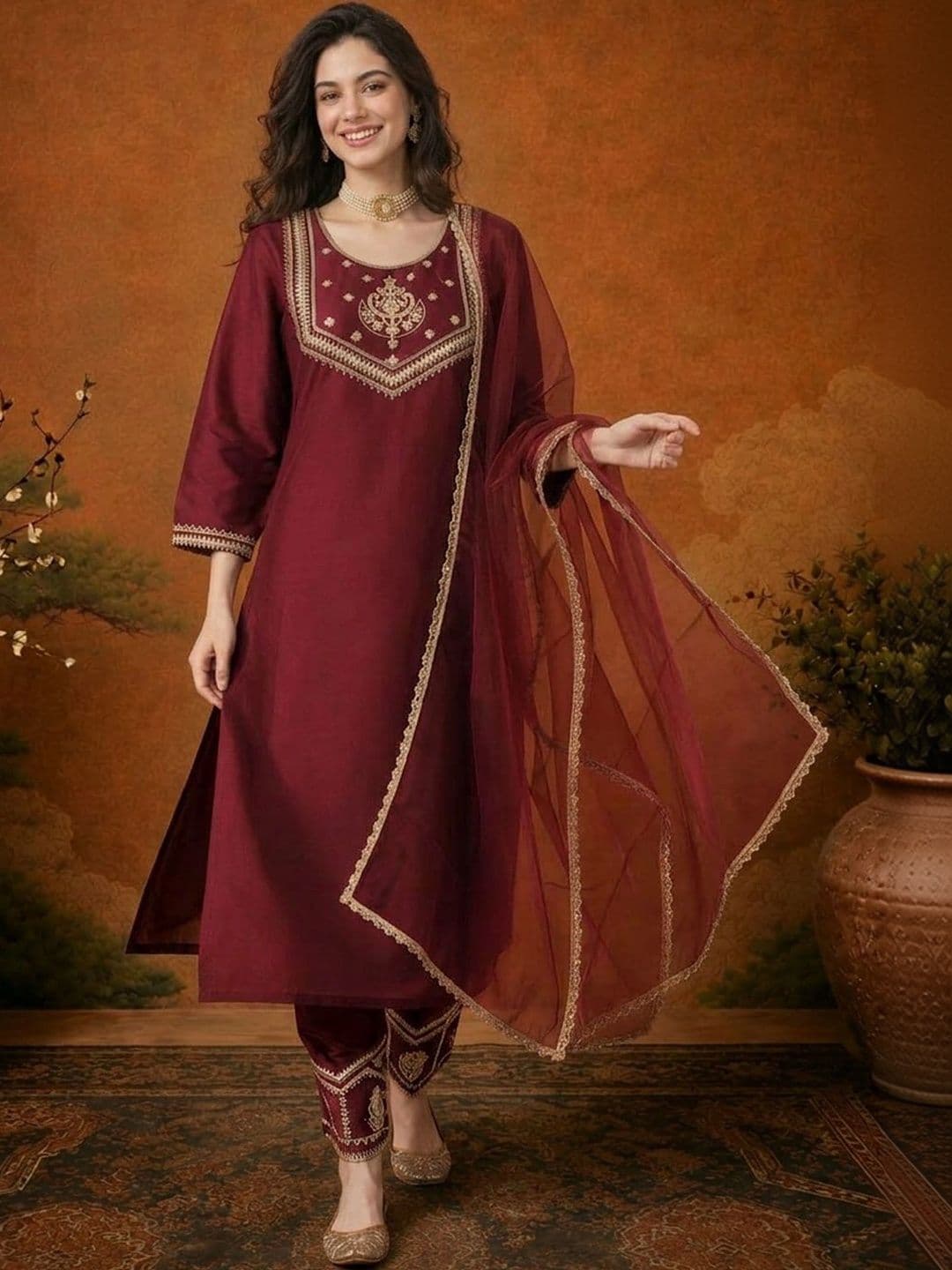 SAINOOR Women Ethnic Motifs Embroidered Regular Thread Work Kurta with Trousers & With Dupatta - view 1