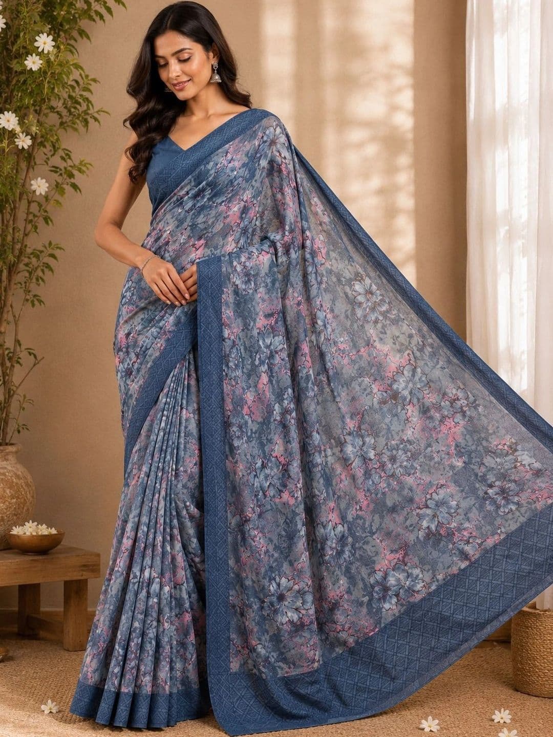 PRANU TRENDS Floral Poly Chiffon Saree - view 1