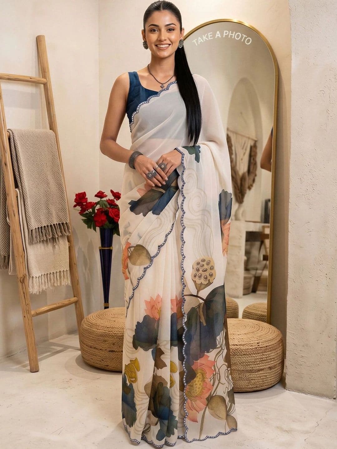 Anouk Floral Mirror Work Poly Chiffon Designer Saree - view 1