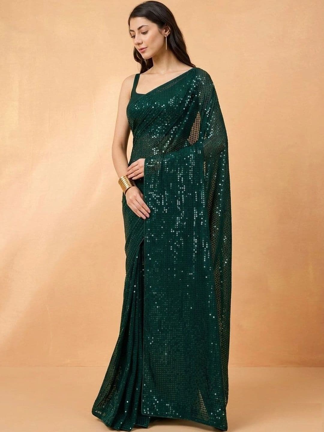 SZN Embellished Sequinned Poly Georgette Designer Saree thumbnail 4