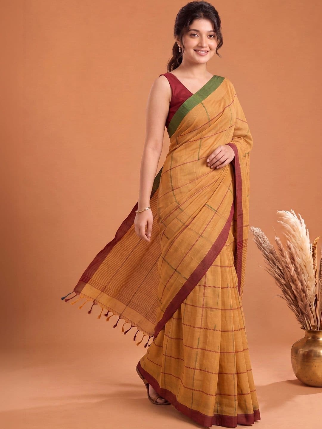 KALINI Checked Pure Cotton Saree thumbnail 6