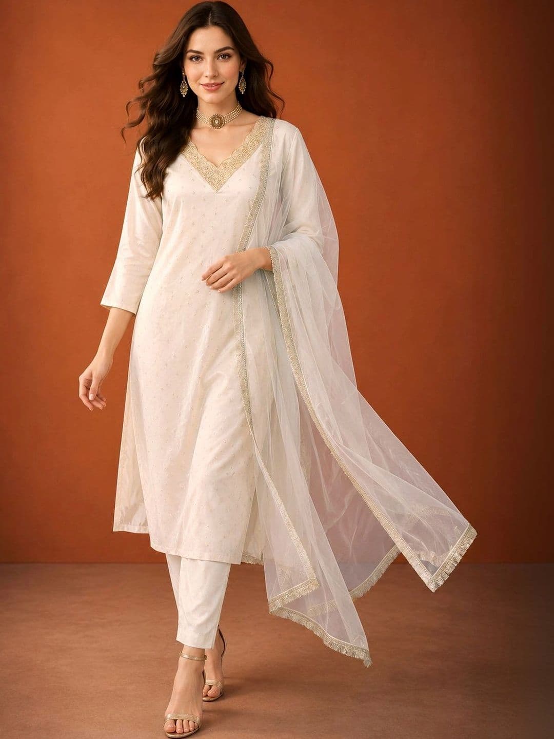 SAINOOR Women Ethnic Motifs Printed Regular Thread Work Kurta with Trousers & With Dupatta thumbnail 3