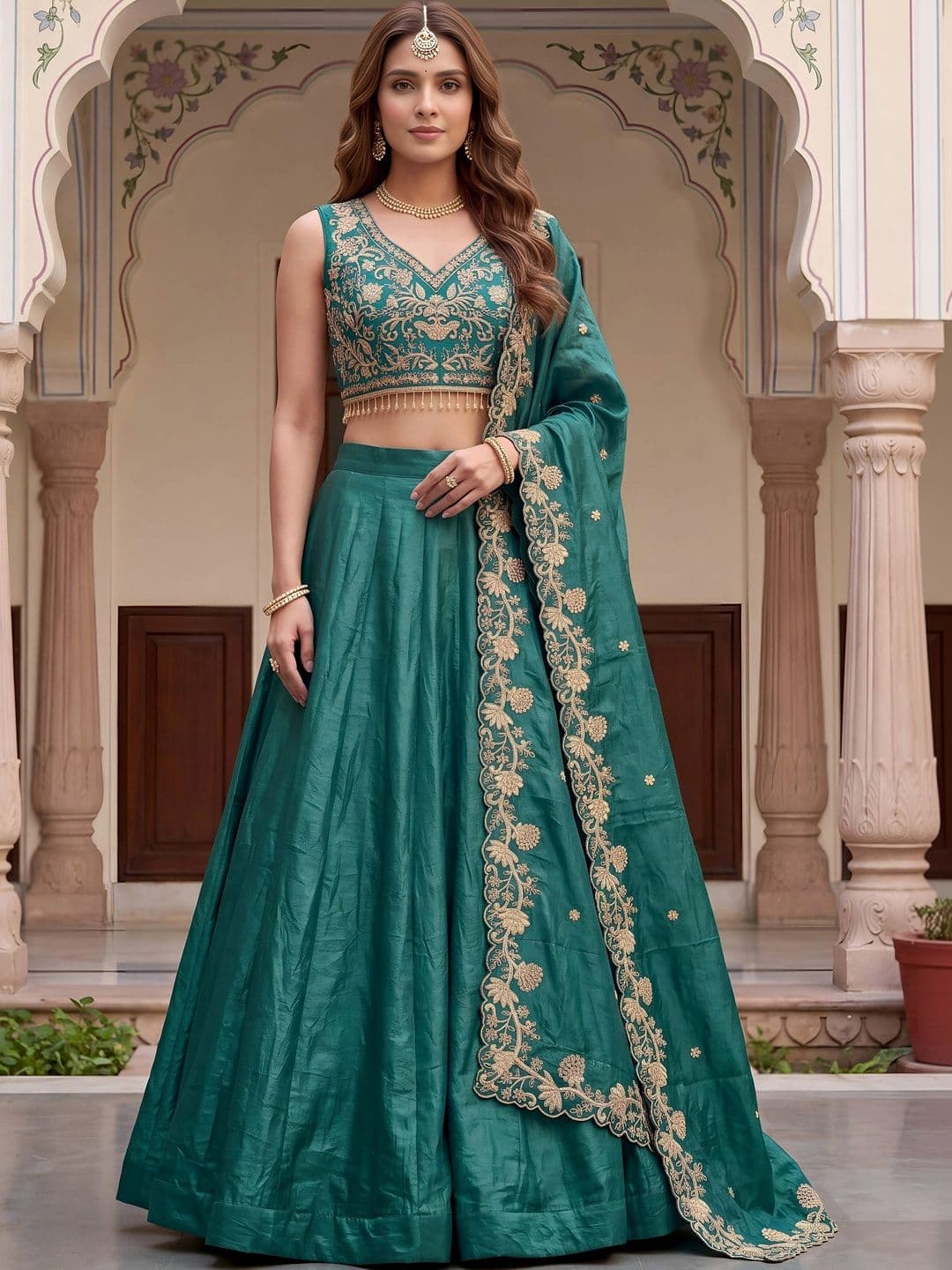 ETHNIC PLUS Embroidered Thread Work Semi-Stitched Lehenga & Unstitched Blouse With Dupatta - view 1