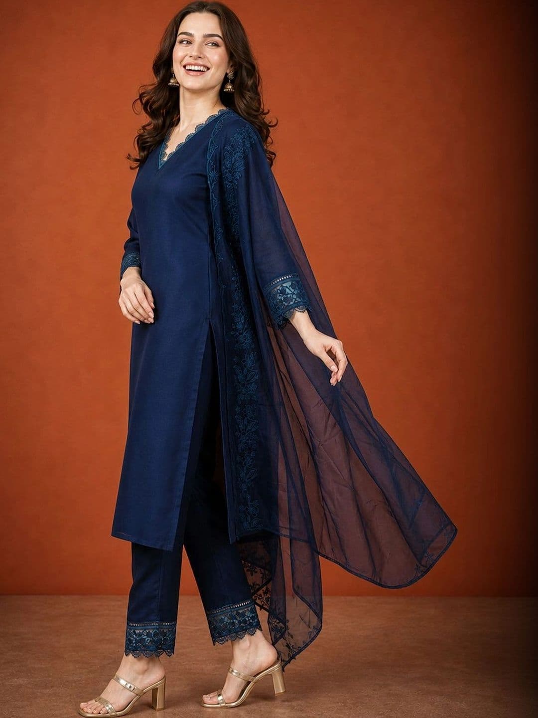 SAINOOR Women Ethnic Motifs Regular Thread Work Kurta with Trousers & With Dupatta thumbnail 5