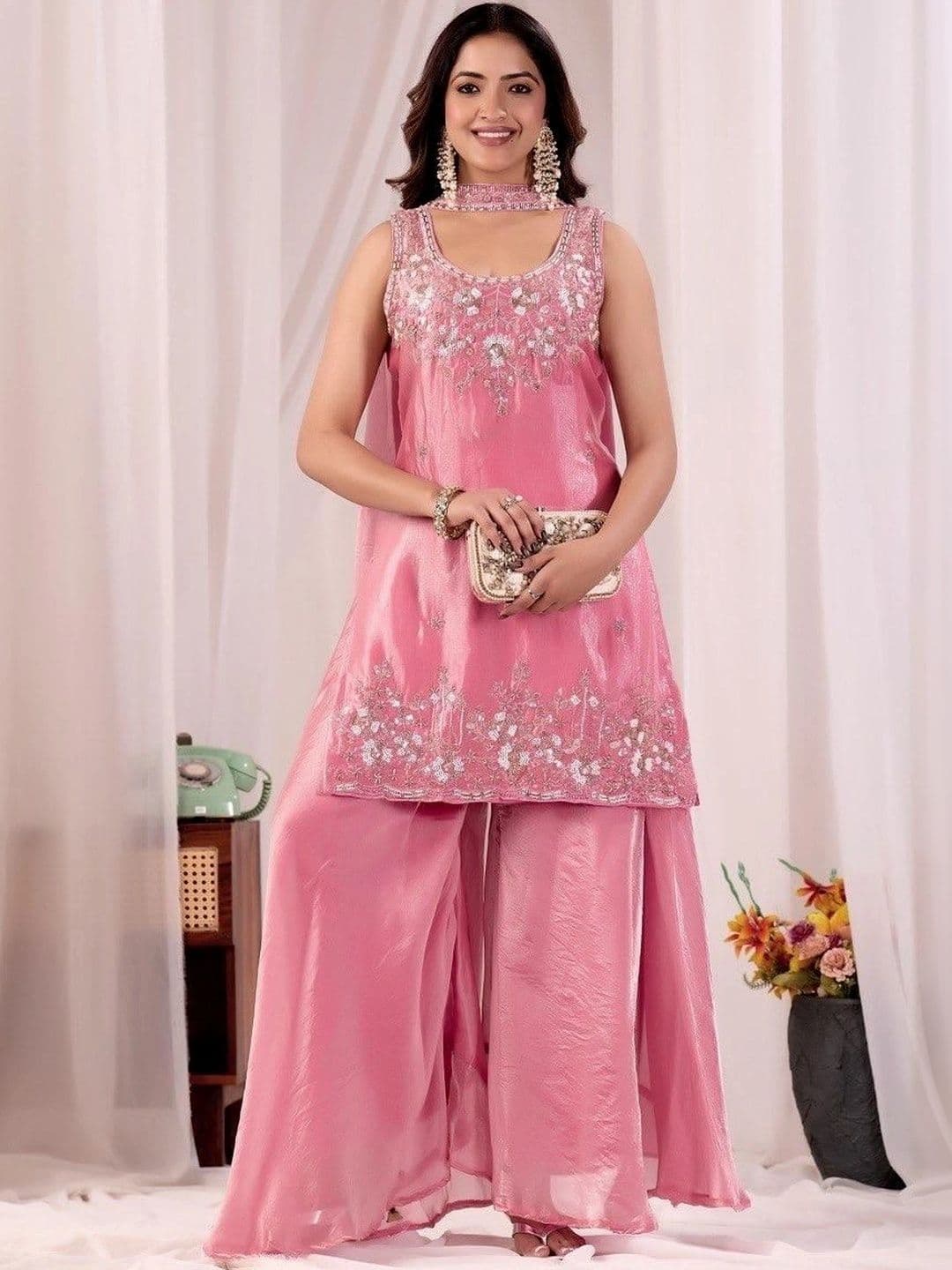 Bouncer Berry Women Ethnic Motifs Embroidered Regular Sequinned Pure Silk Kurta with Sharara & With Dupatta - view 1