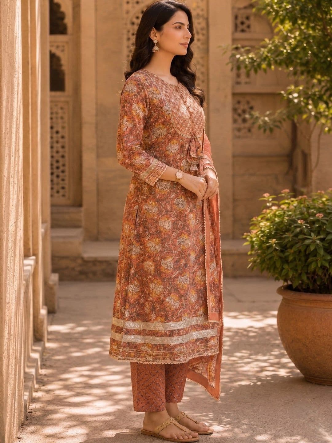 KALINI Women Ethnic Motifs Printed Regular Thread Work Pure Cotton Kurta with Trousers & With Dupatta thumbnail 3