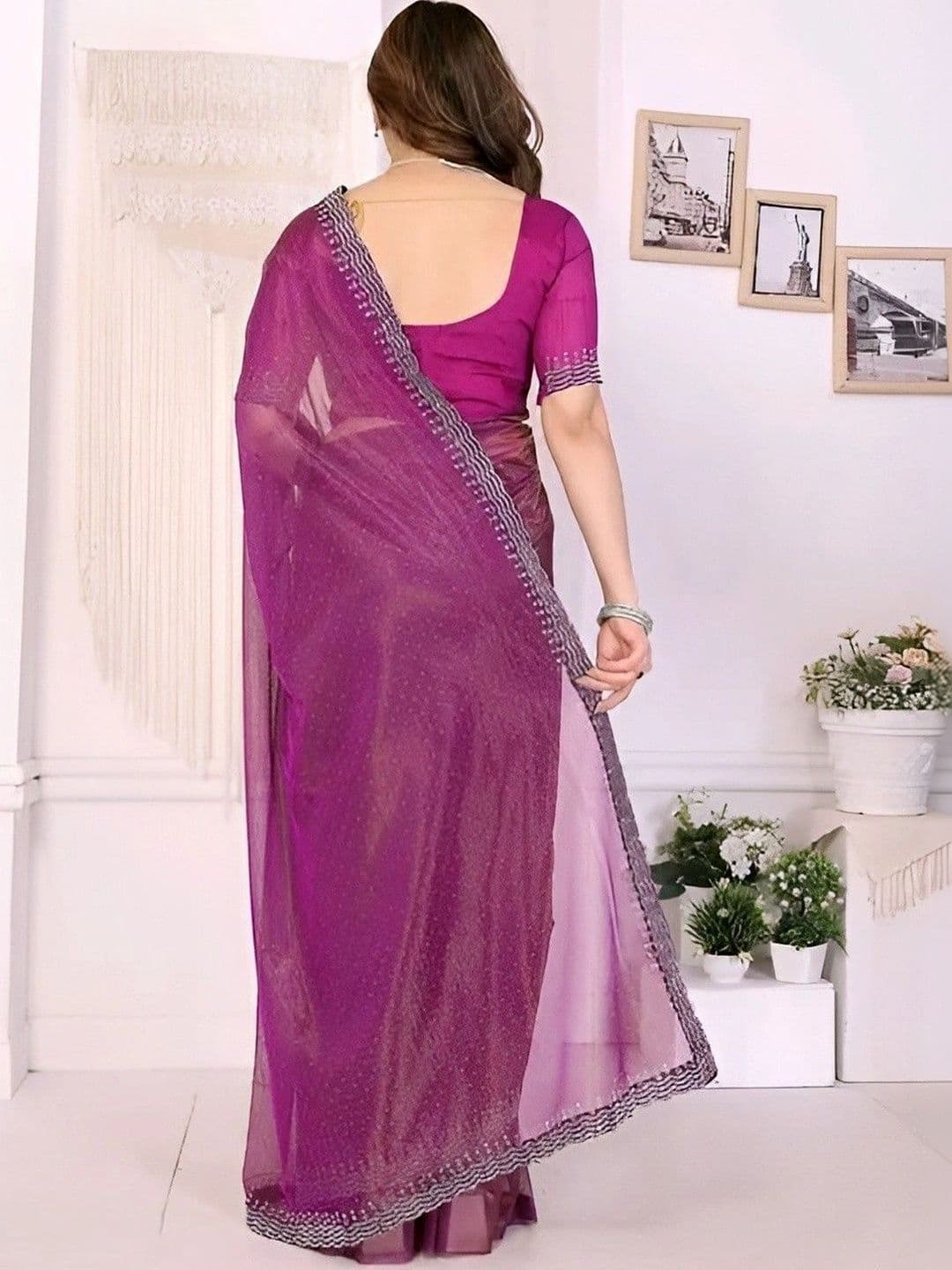 RENBRIZA Embroidered Net Saree thumbnail 2