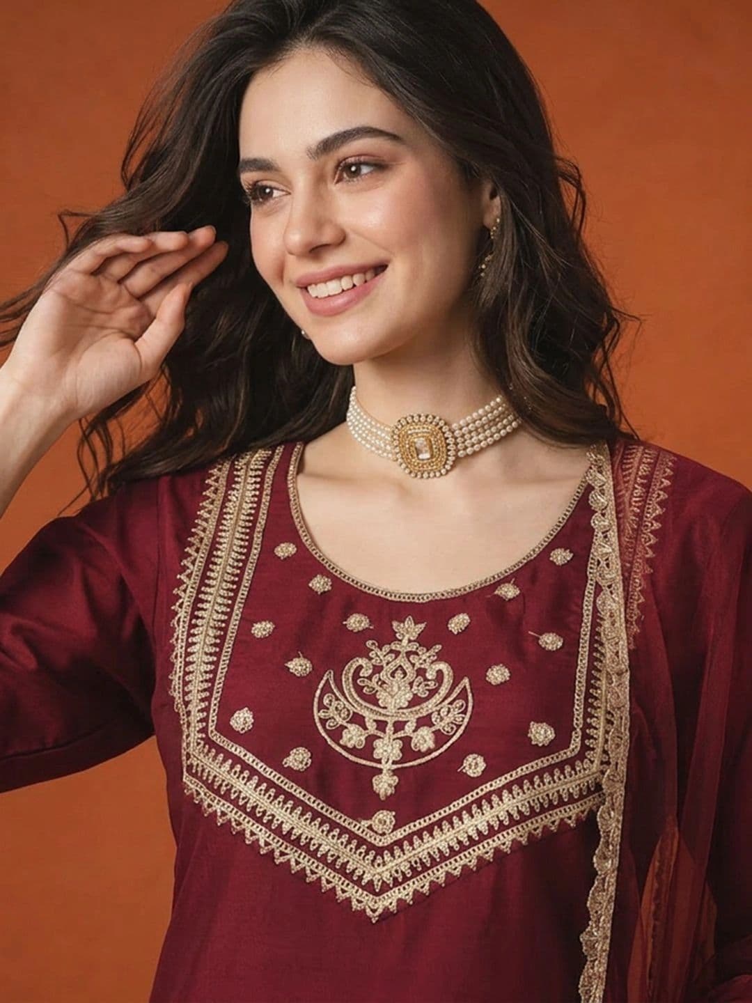 SAINOOR Women Ethnic Motifs Embroidered Regular Thread Work Kurta with Trousers & With Dupatta thumbnail 6