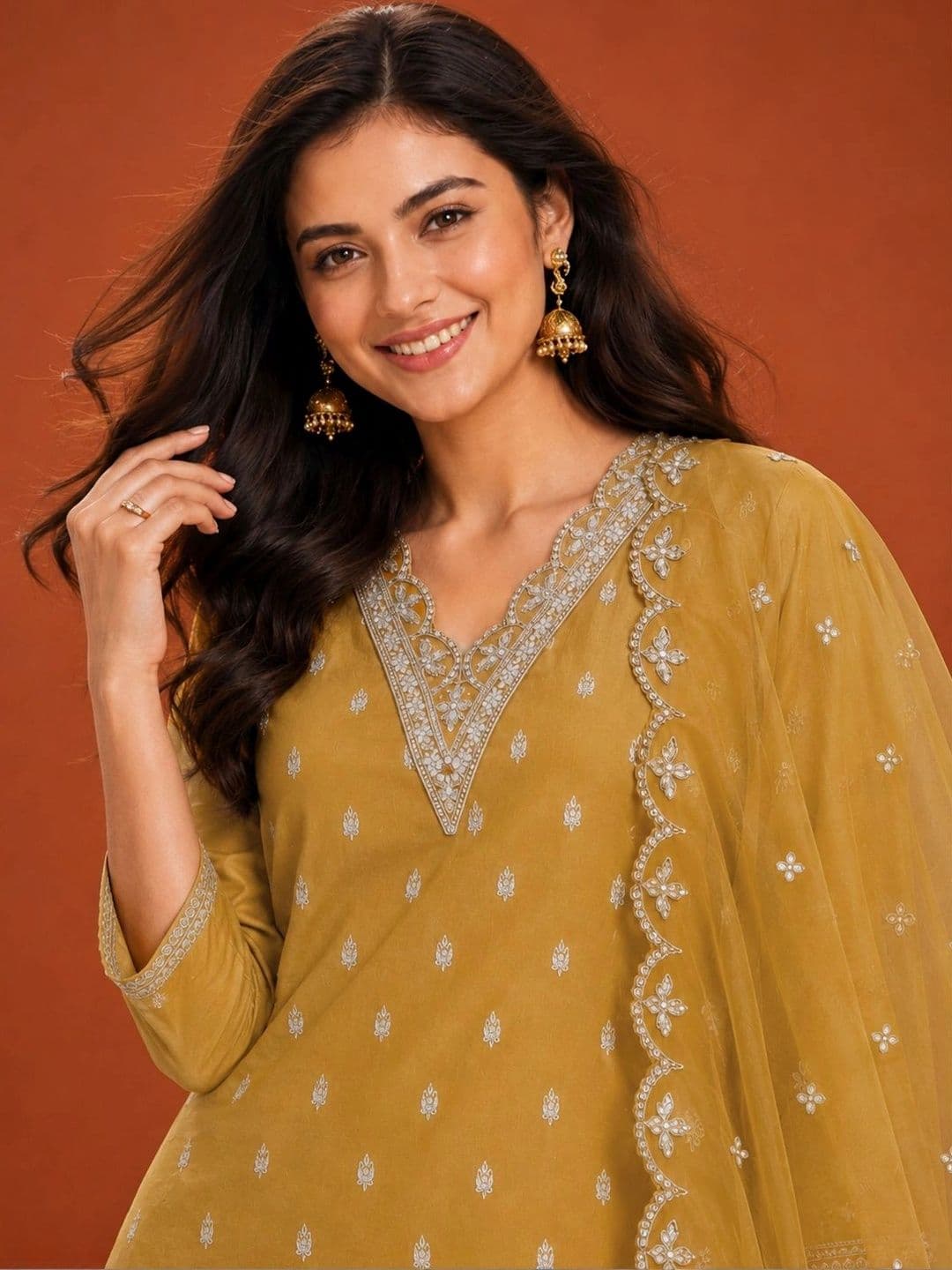 SAINOOR Women Ethnic Motifs Embroidered Regular Thread Work Kurta with Trousers & With Dupatta thumbnail 7