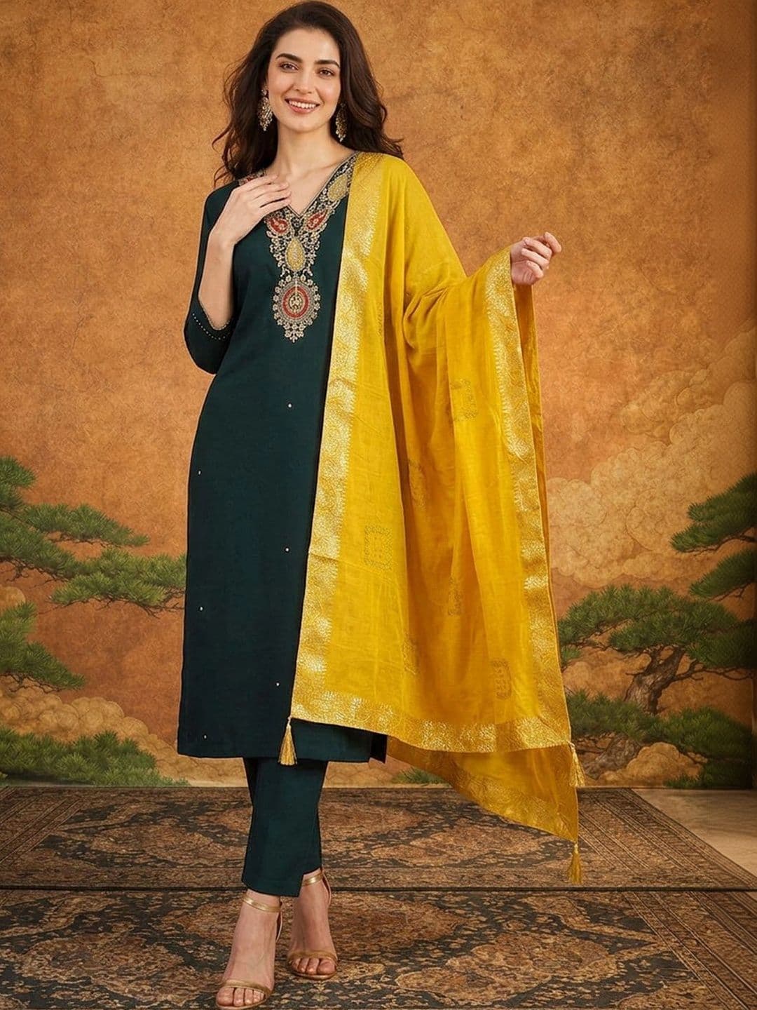 SAINOOR Women Ethnic Motifs Embroidered Regular Thread Work Kurta with Trousers & With Dupatta - view 1