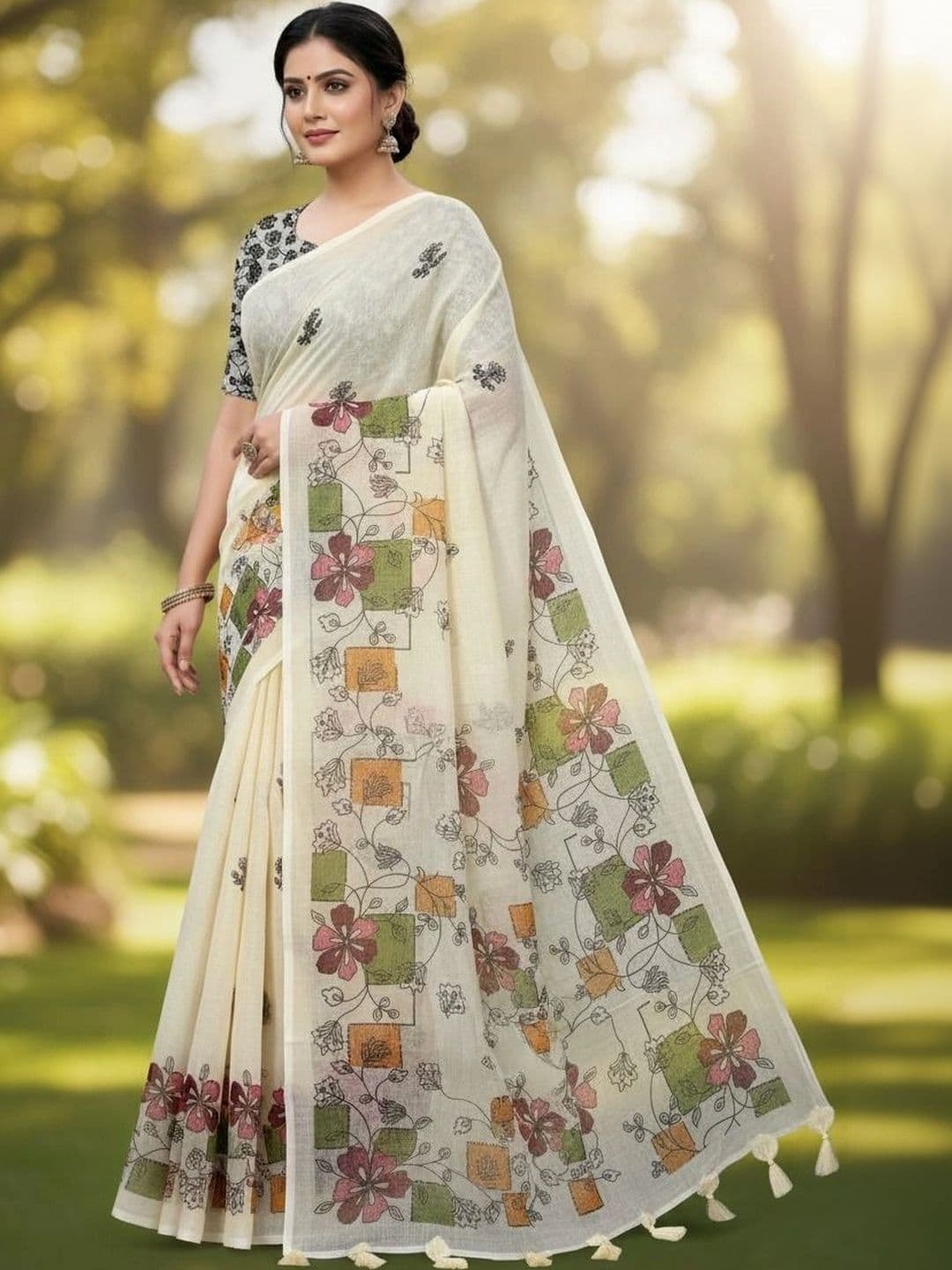 Fashion Mantra Floral Linen Blend Saree thumbnail 4