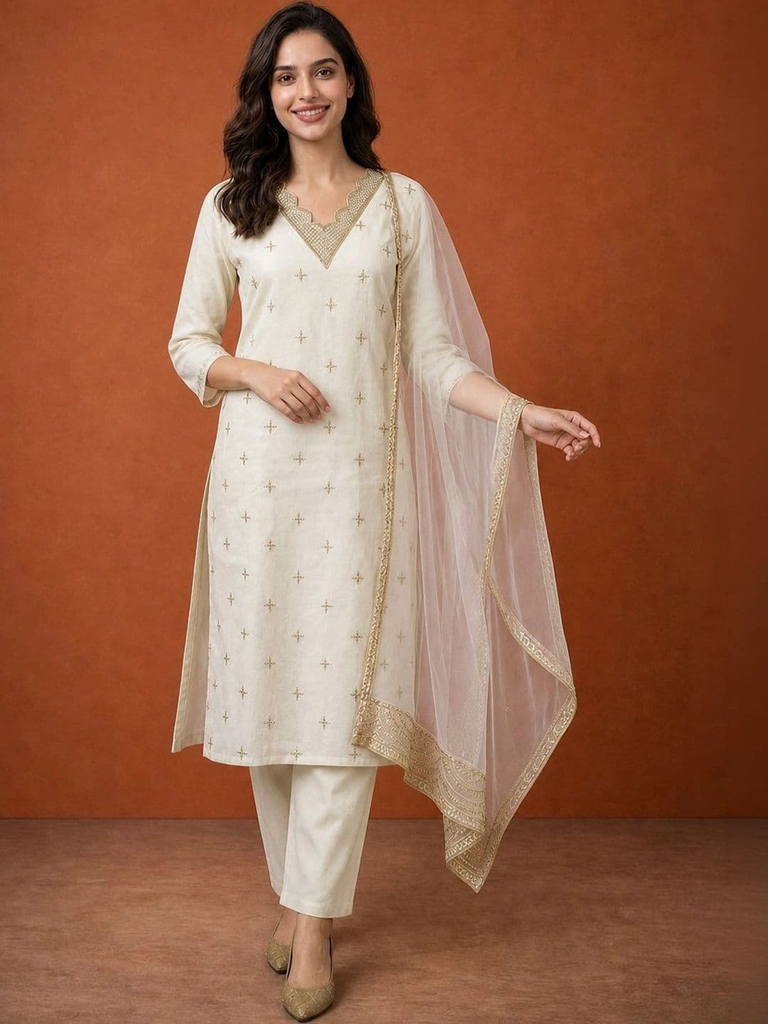 SAINOOR Women Ethnic Motifs Embroidered Regular Kurta with Trousers & With Dupatta thumbnail 7