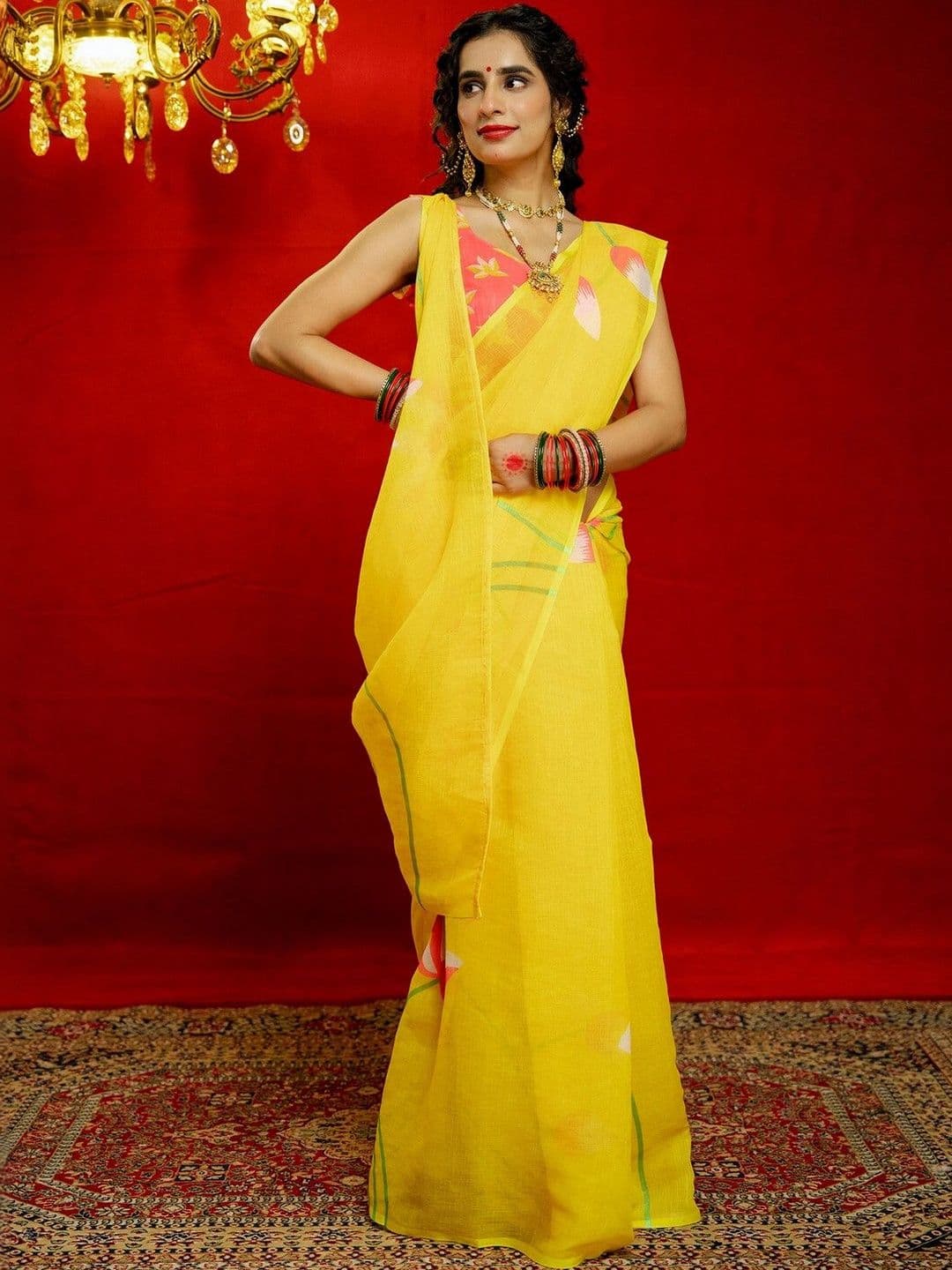 Satrani Woven Pure Linen Floral Printed Saree With Blouse Piece thumbnail 2