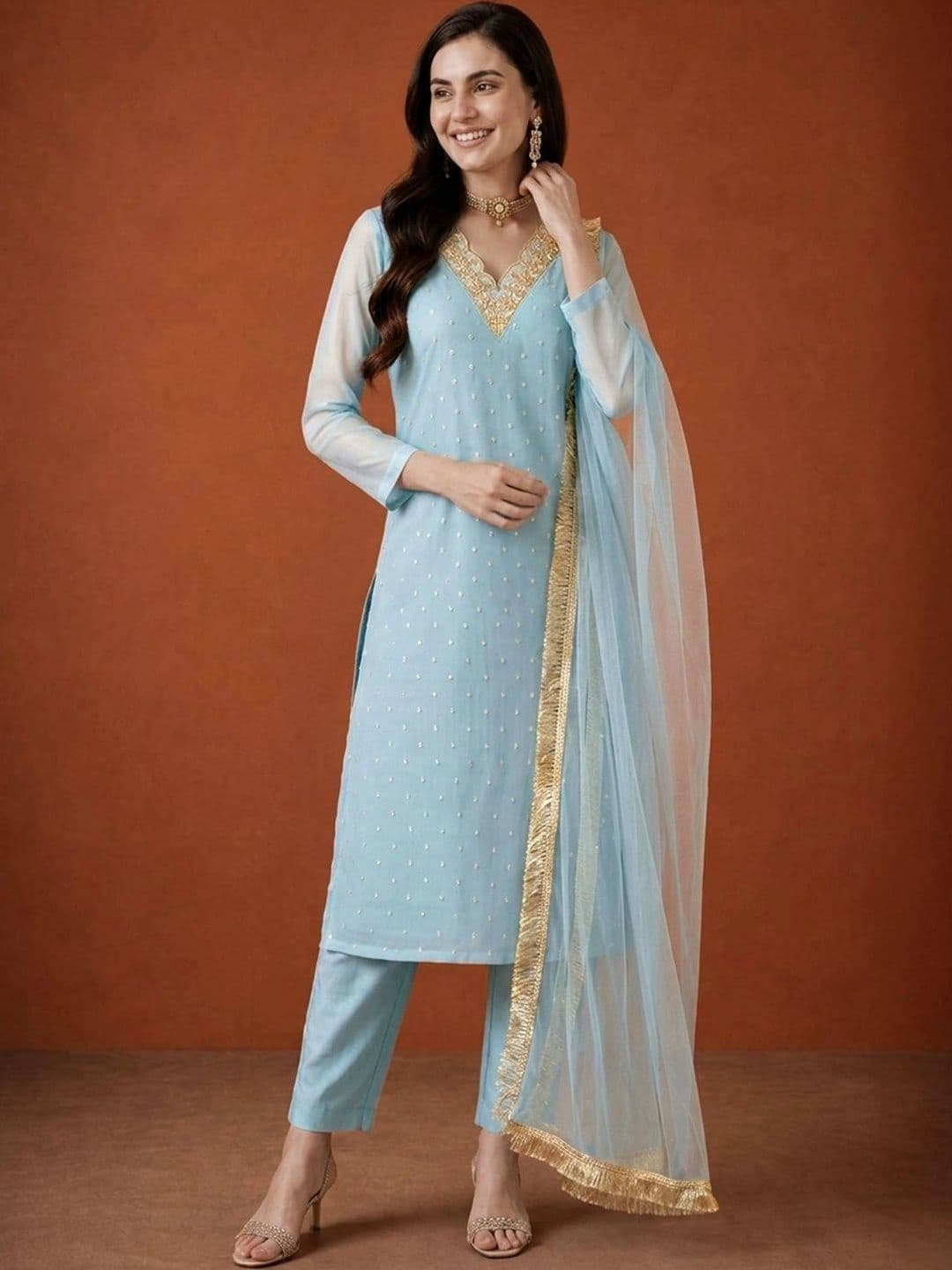 SAINOOR Women Ethnic Motifs Embroidered Regular Thread Work Kurta with Trousers & With Dupatta thumbnail 3
