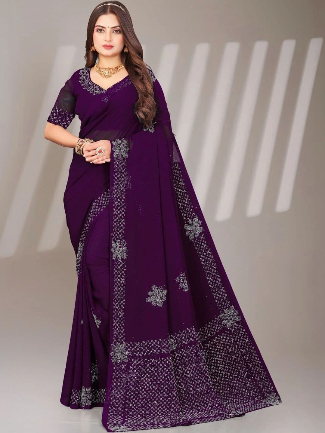 Fashion Mantra Embellished Poly Chiffon Saree - view 1
