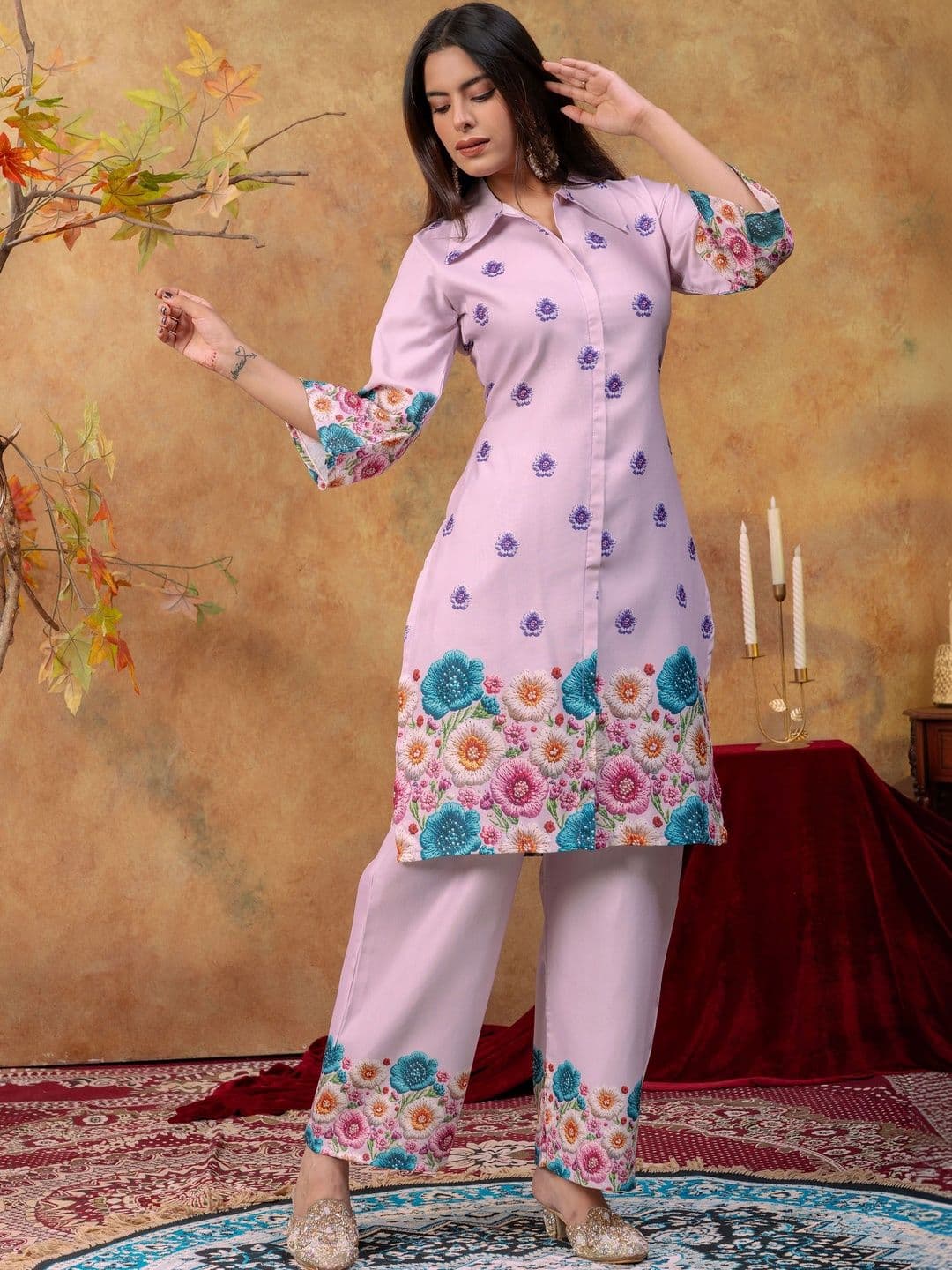 SAINOOR Women Floral Printed Regular Pure Cotton Kurta with Palazzos thumbnail 5