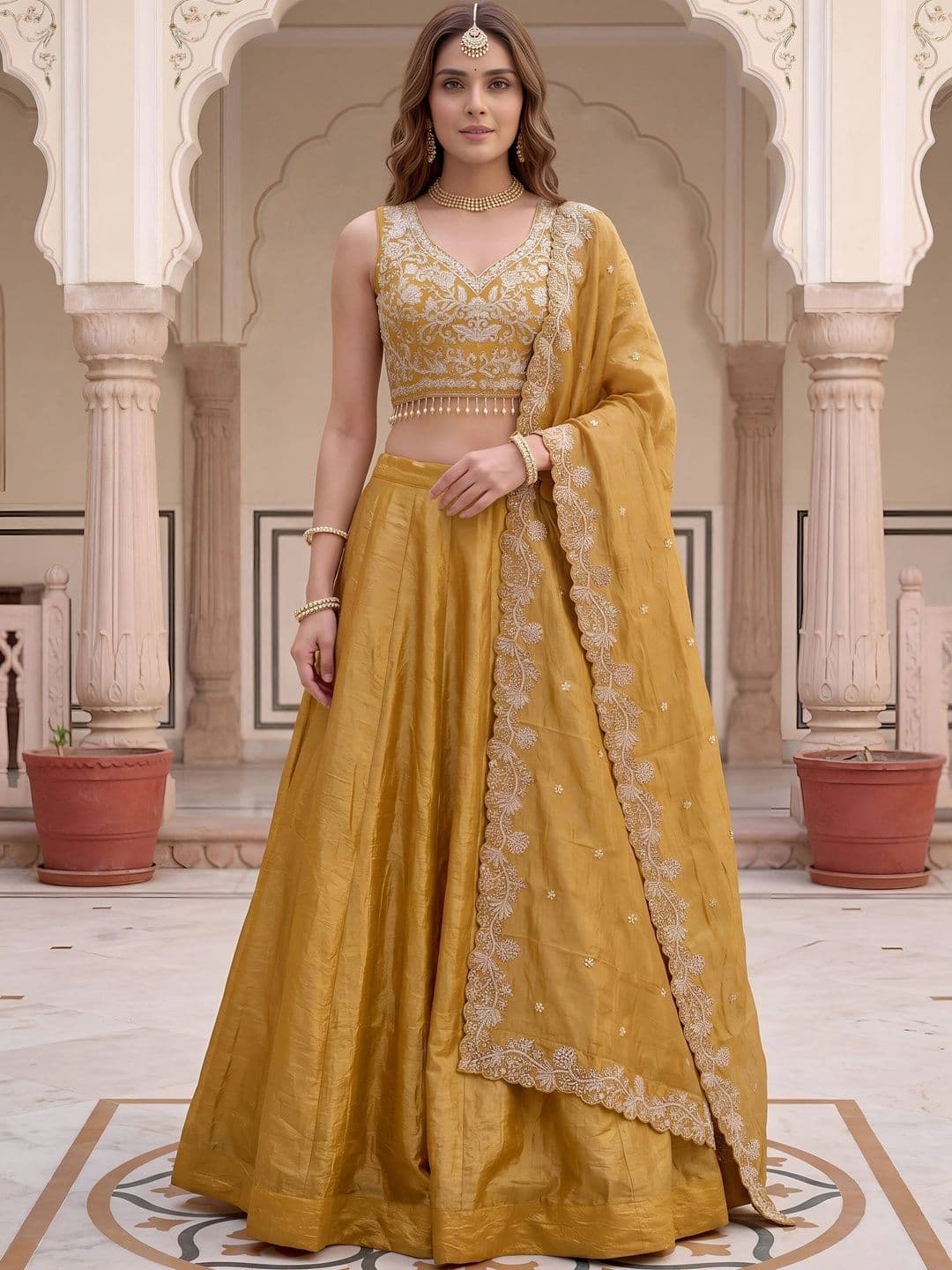 ETHNIC PLUS Embroidered Sequinned Semi-Stitched Lehenga & Unstitched Blouse With Dupatta - view 1