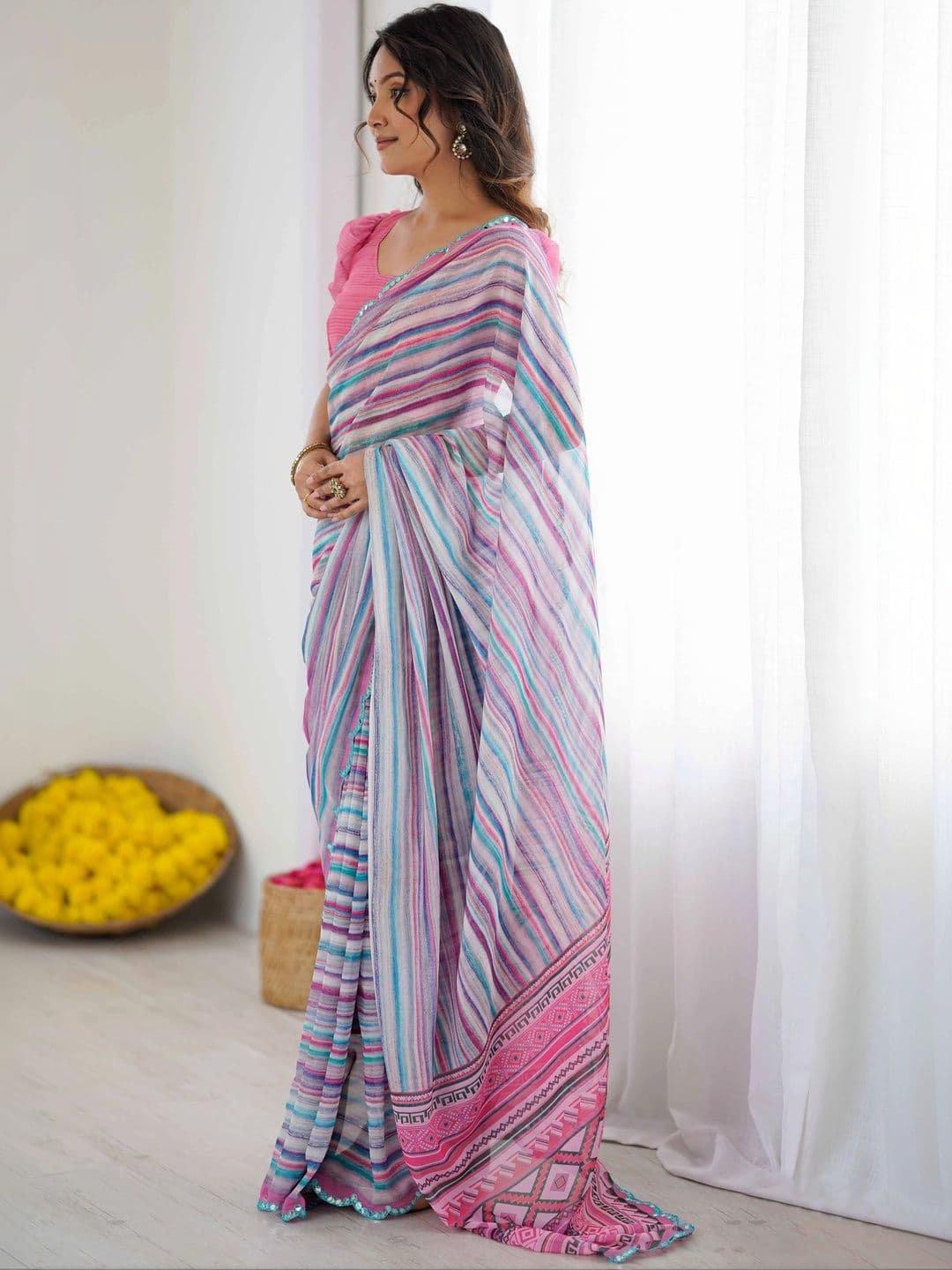 Mitera Striped Mirror Work Pure Georgette Saree thumbnail 4