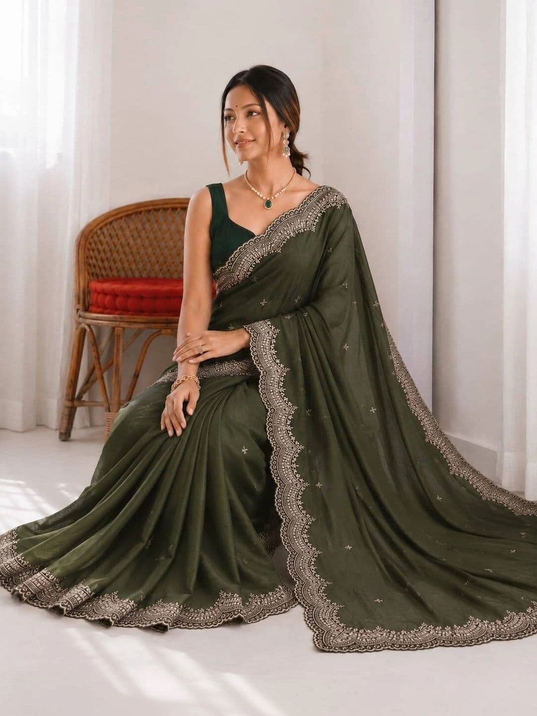 Vastra Drape Ethnic Motifs Embroidered Poly Georgette Saree thumbnail 3