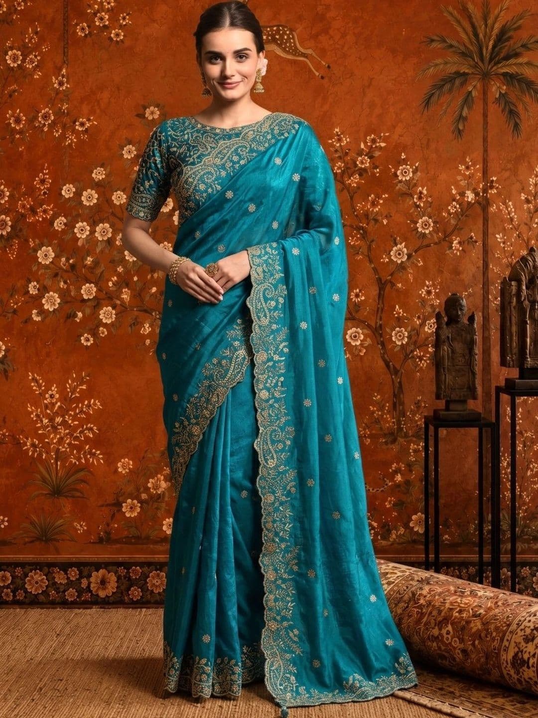 Sangria Embellished Embroidered Satin Saree thumbnail 4