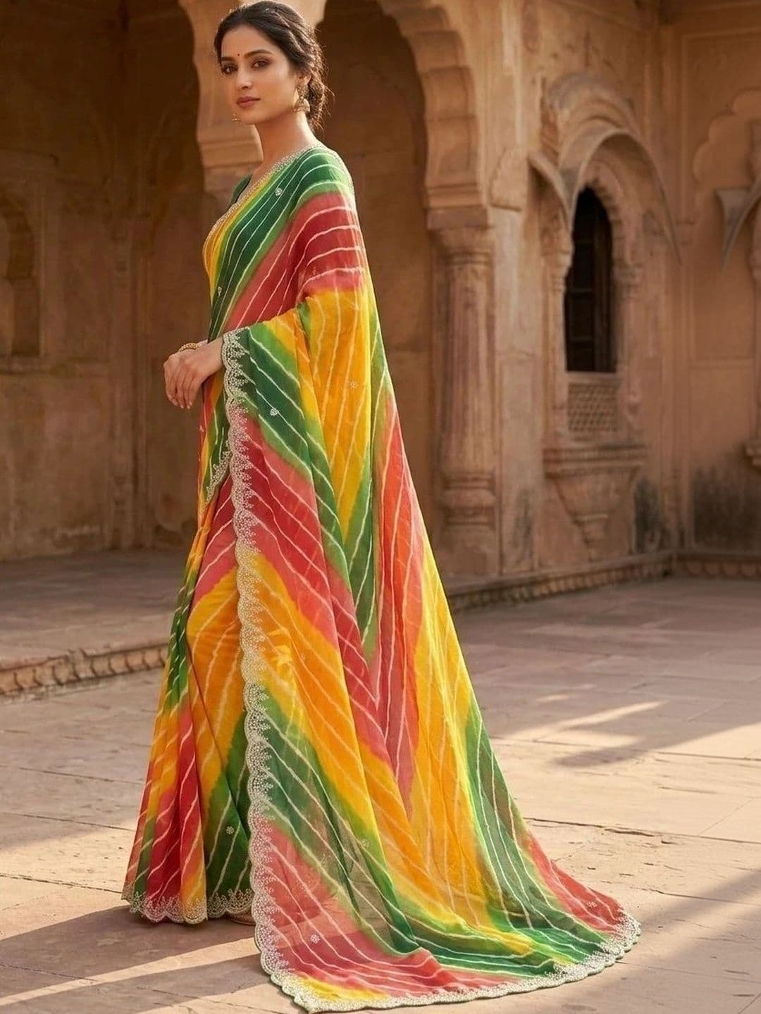 Fashion Mantra Leheriya Embroidered Poly Georgette Saree thumbnail 2