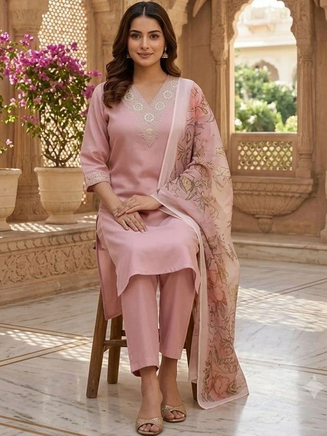 pink and pop Women Floral Regular Thread Work Kurta with Trousers & With Dupatta - view 1